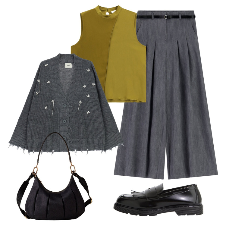 Outfit donna - Grigio e senape!. Stile Casual per Ufficio. Abbinamento con mocassini, top, cardigans, borse a spalla, pantaloni a palazzo.