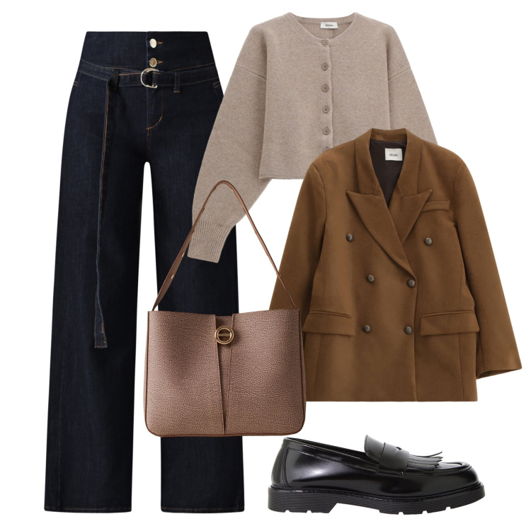 Outfit donna - Jeans particolari. Stile Urban per Tutti i giorni. Abbinamento con mocassini, cardigans, blazer, borse a secchiello, jeans.