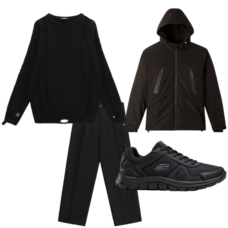 Outfit uomo - Solo nero. Stile Casual per Tutti i giorni. Abbinamento con sneakers, giacche, pantaloni, maglieria.