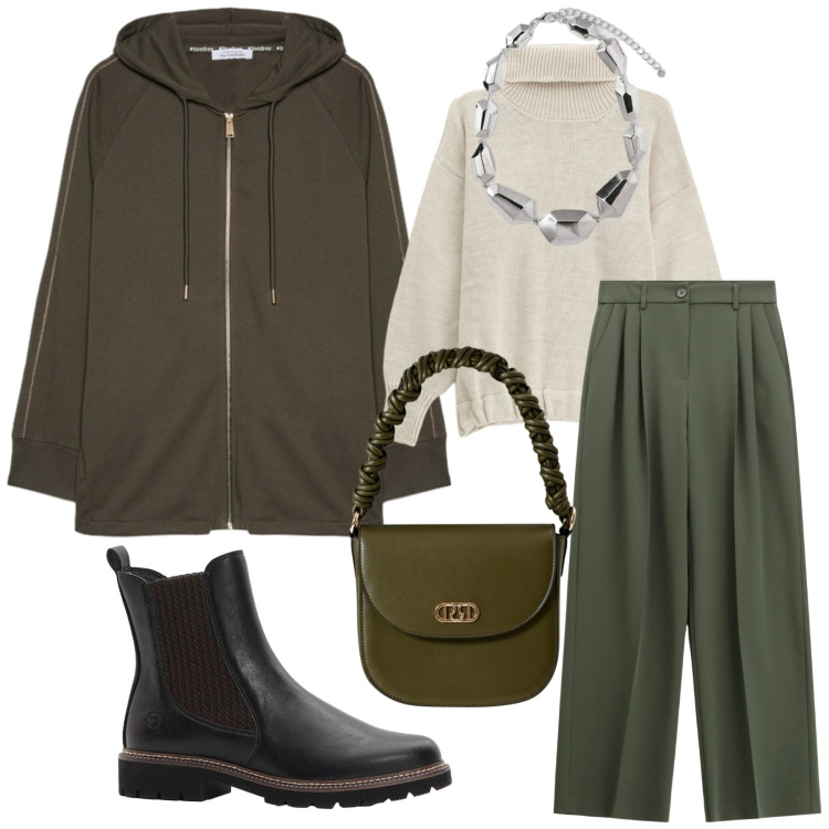 Outfit donna - Total look #2272350. Stile Casual chic per Tutti i giorni. Abbinamento con stivaletti chelsea, maglieria, borse a mano, pantaloni a palazzo, ciondoli, felpe con cappuccio.