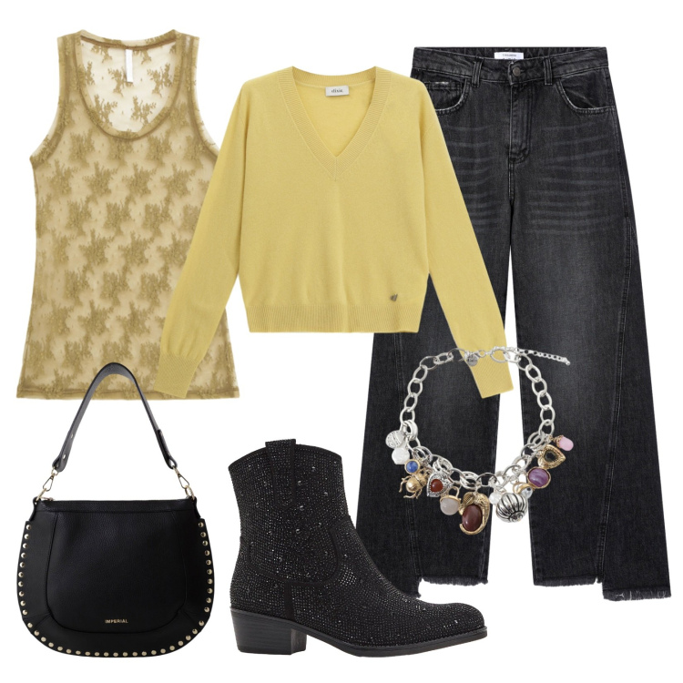 Outfit donna - Il giallo senape!. Stile Urban per Tutti i giorni. Abbinamento con stivaletti texani, jeans, canottiere, borse a spalla, braccialetti con ciondoli, maglieria.