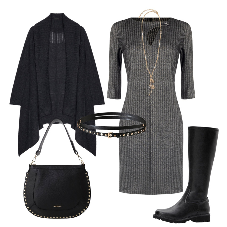 Outfit donna - Il tubino per l’ufficio. Stile Glamour per Ufficio. Abbinamento con stivali, vestiti midi/longuette, cinture, borse a spalla, ciondoli, cardigans.