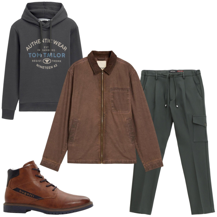 Outfit uomo - I colori della campagna inglese. Stile Trendy per Tutti i giorni. Abbinamento con giacche, felpe con cappuccio, stivali e stivaletti, pantaloni cargo.