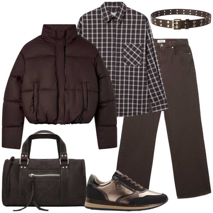 Outfit donna - Casual cioccolato. Stile Casual per Tutti i giorni. Abbinamento con sneakers, cinture, borse a mano, bomber, jeans, camicie.