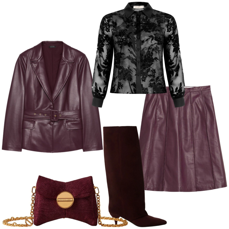 Outfit donna - Total look #2272360. Stile Glamour per Tutti i giorni. Abbinamento con gonne, stivali, borse a tracolla, camicie, blazer.