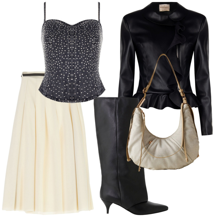 Outfit donna - La bella strega. Stile Chic per Serata fuori. Abbinamento con blazer, top, gonne longuette, stivali, borse a spalla.