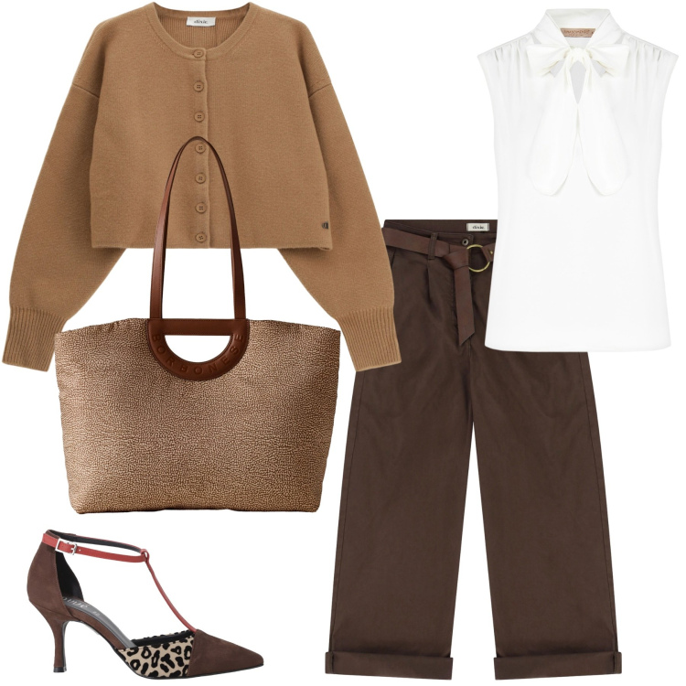 Outfit donna - I primi freddi. Stile Casual chic per Tutti i giorni. Abbinamento con top, décolleté, pantaloni, cardigans, shopping bag.