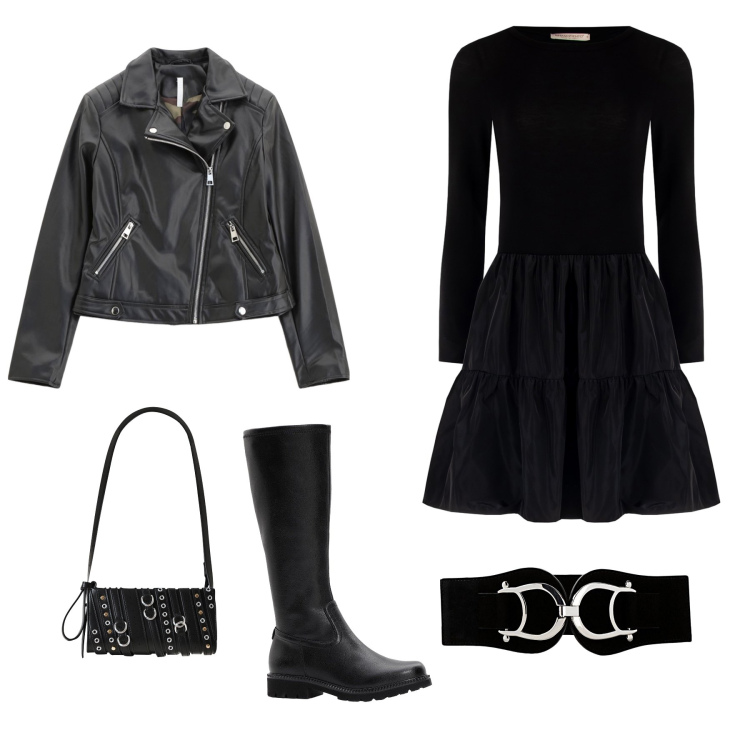 Outfit donna - Ispirato a Mercoledì. Stile Rock per Serata fuori. Abbinamento con stivali, cinture, vestiti corti, borse a spalla, blazer.