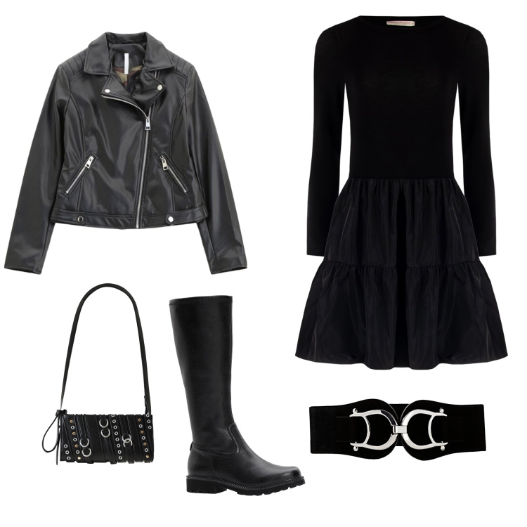 Outfit donna - Ispirato a mercoledì addams. Stile Rock per Serata fuori. Abbinamento con stivali, cinture, vestiti corti, borse a spalla, blazer.