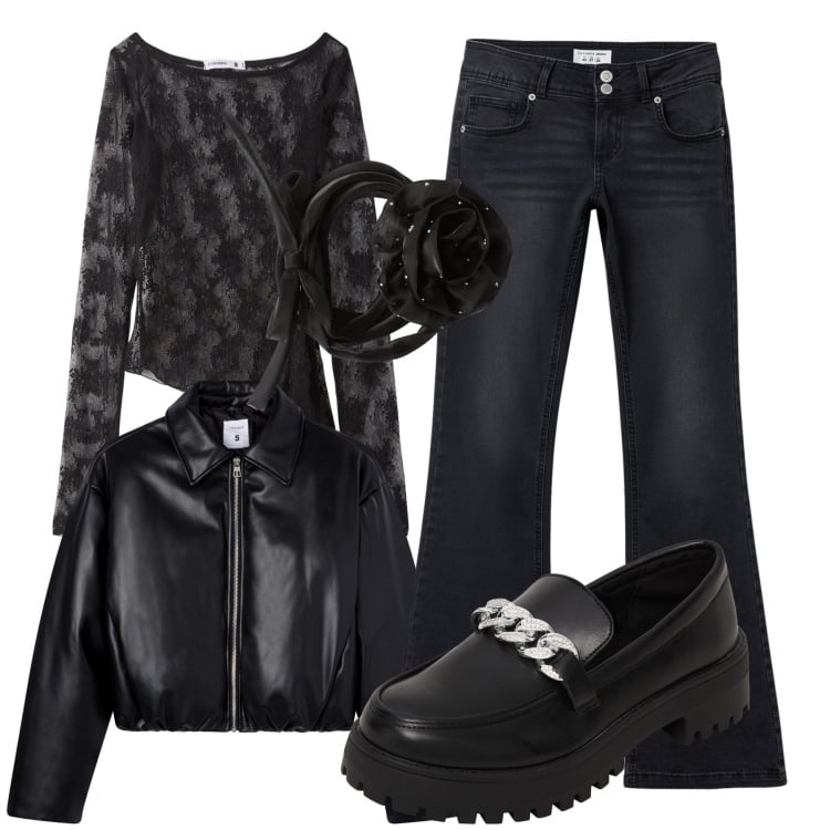 Outfit donna - Streghetta romantica. Stile Romantica per Tutti i giorni. Abbinamento con maglieria, collane, jeans a zampa, mocassini, giacche.