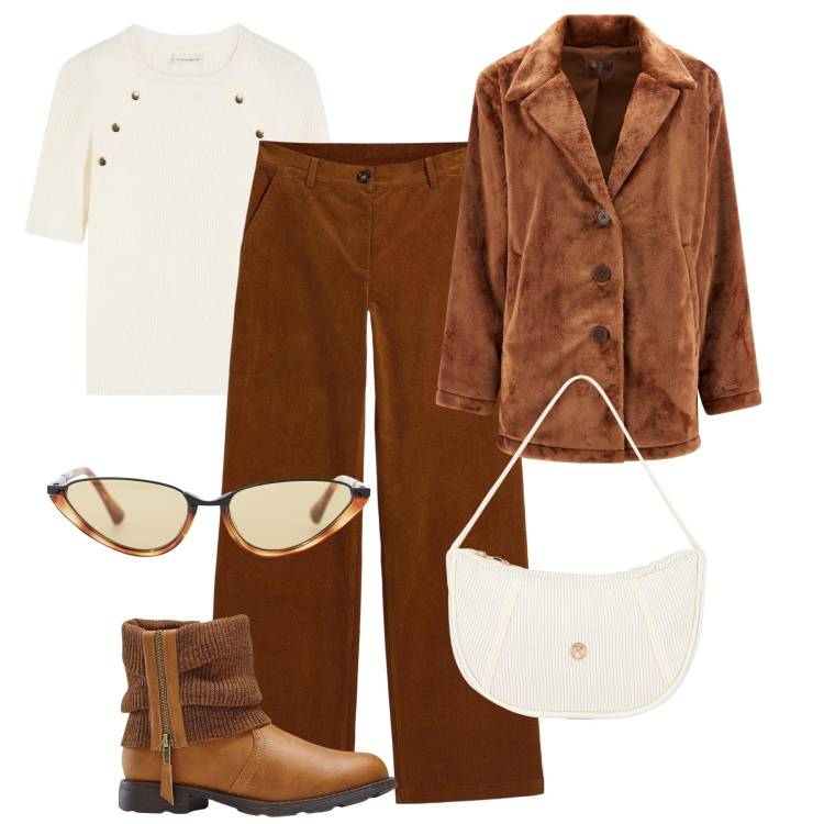 Outfit donna - Cognac e panna al caldo. Stile Casual per Tutti i giorni. Abbinamento con stivaletti, pantaloni, maglieria, occhiali da sole, cappotti, borse a mano.