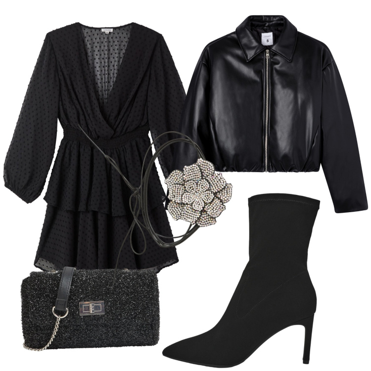 Outfit donna - Rosa invernale. Stile Glamour per Serata fuori. Abbinamento con borse a tracolla, collane, giacche, stivali, vestiti corti.