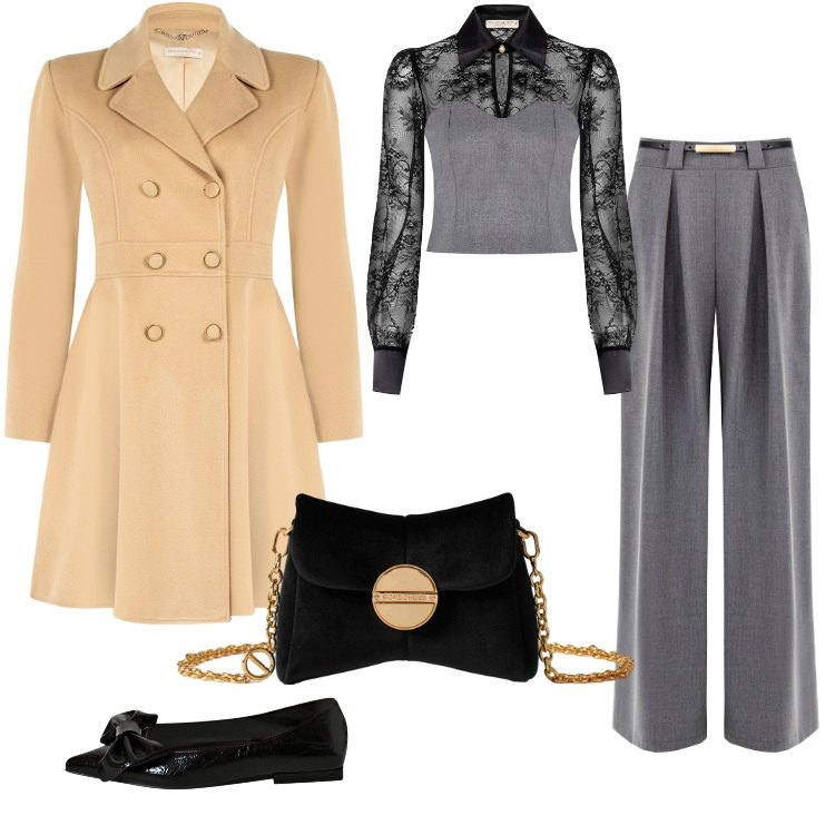 Outfit donna - Total look #2272380. Stile Chic per Cerimonia. Abbinamento con pantaloni a palazzo, bluse, cappotti, ballerine, borse a tracolla.