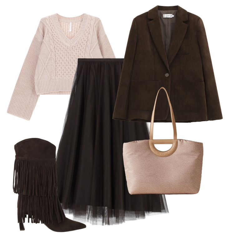 Outfit donna - Tulle e velluto di giorno. Stile Trendy per Tutti i giorni. Abbinamento con blazer, gonne lunghe, maglieria, stivali, shopping bag.