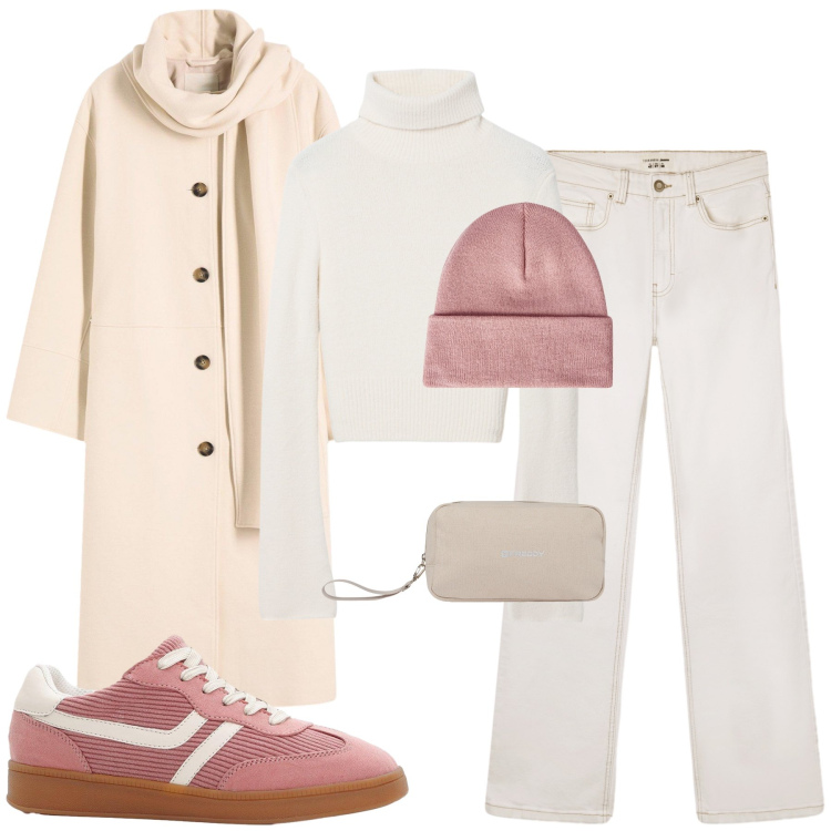 Outfit donna - Panna e rosa. Stile Trendy per Tutti i giorni. Abbinamento con cappotti, sneakers, jeans bootcut, berretti, maglieria, valigie.