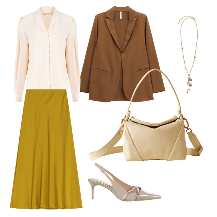 Outfit donna - Autunno di classe. Stile Chic per Tutti i giorni. Abbinamento con décolleté, camicie, blazer, gonne lunghe, borse a spalla, ciondoli.