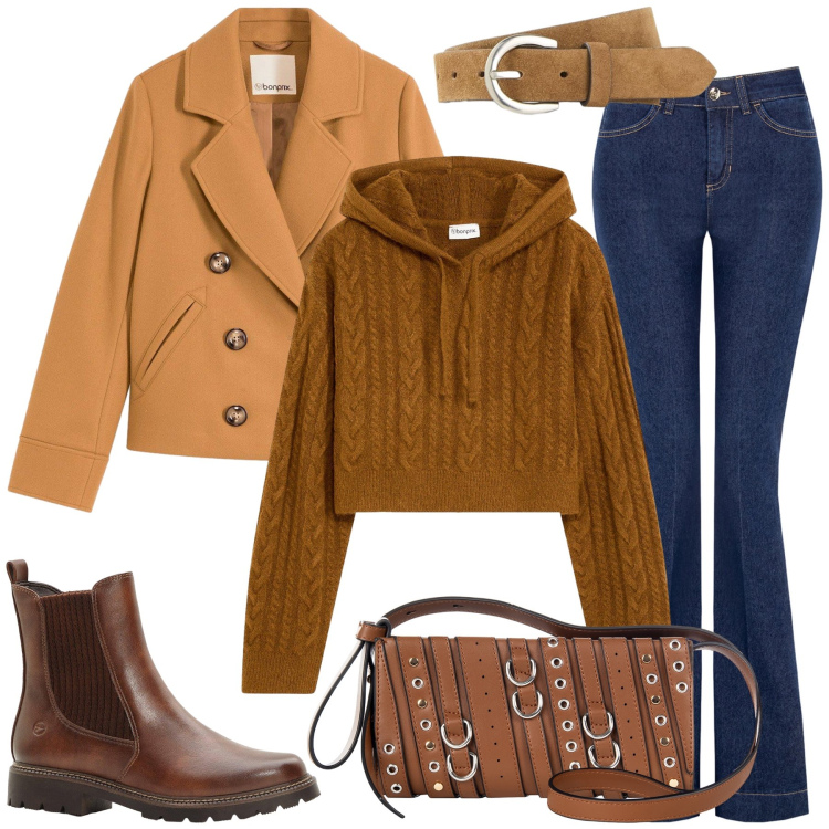 Outfit donna - Maglioncino con le trecce. Stile Romantica per Tutti i giorni. Abbinamento con cinture, caban, stivaletti chelsea, maglieria, borse a spalla, jeans a zampa.