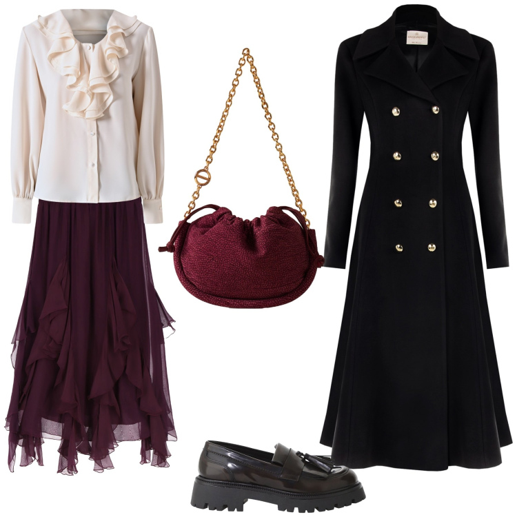 Outfit donna - Strega moderna. Stile Glamour per Serata fuori. Abbinamento con cappotti, bluse, gonne longuette, mocassini, borse a spalla.