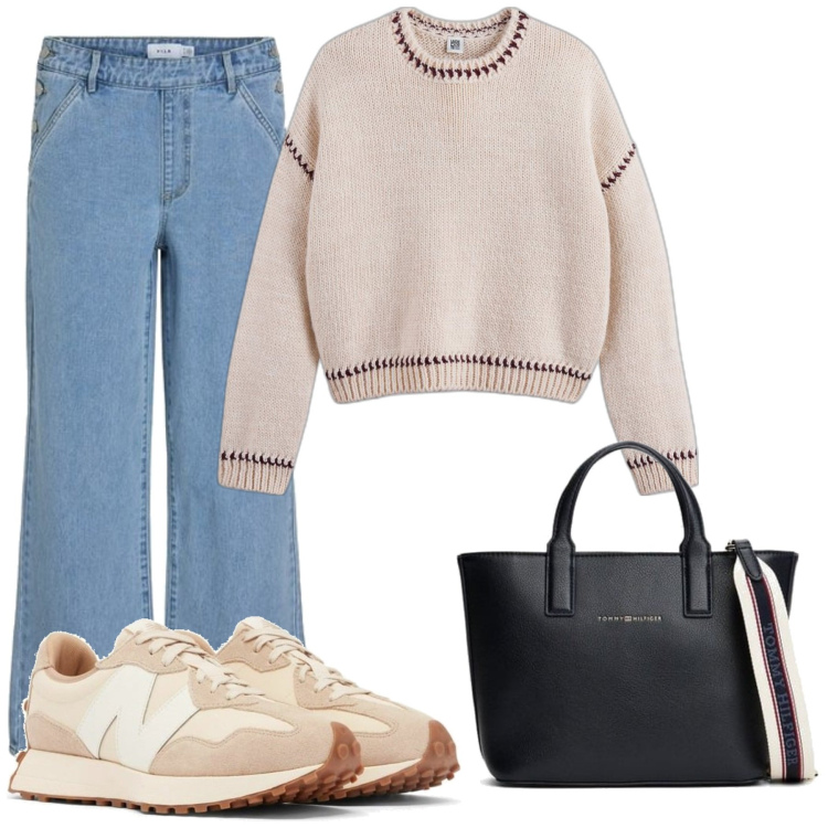 Outfit mujer - Bon Ton #6087. Estilo Bon Ton para Oficina. Combinación con bolso tote, vaqueros rectos, prendas de punto, sneakers.