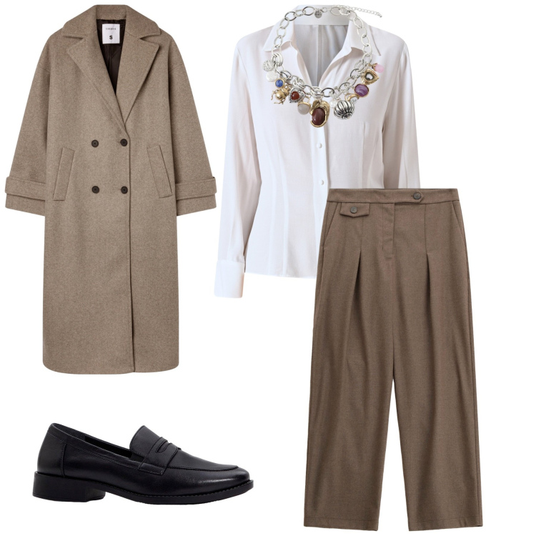 Outfit donna - Riunione di lavoro. Stile Casual per Ufficio. Abbinamento con mocassini, cappotti, camicie, pantaloni, braccialetti con ciondoli.