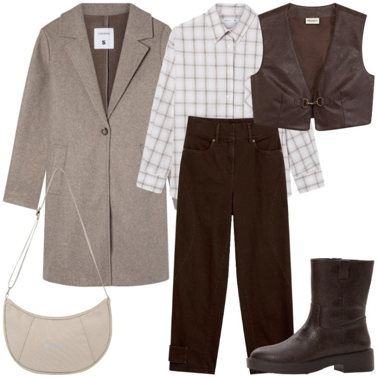 Outfit donna - Total look #2272397. Stile Casual per Tutti i giorni. Abbinamento con stivaletti, gilet, pantaloni, cappotti, camicie, borse a spalla.