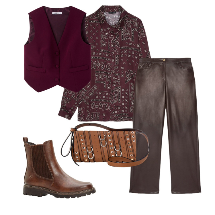 Outfit donna - Total look #2272399. Stile Casual per Tutti i giorni. Abbinamento con stivaletti chelsea, gilet, borse a spalla, pantaloni, bluse.
