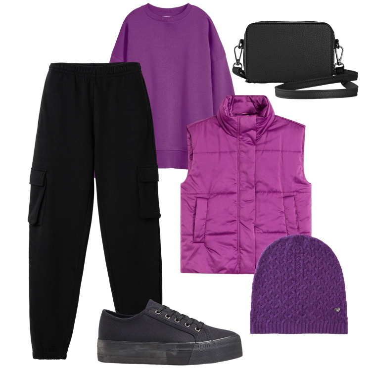 Outfit donna - Un tocco di viola. Stile Casual per Tutti i giorni. Abbinamento con sneakers, borse a tracolla, berretti, piumini, felpe, pantaloni.