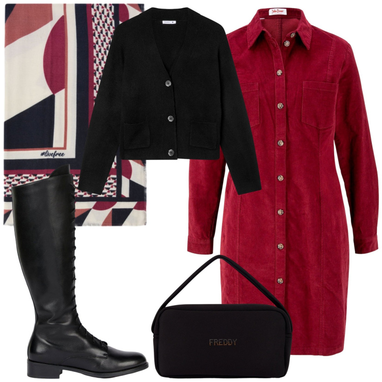 Outfit donna - Total look #2272401. Stile Casual chic per Tutti i giorni. Abbinamento con vestiti, cardigans, borse a mano, foulard, stivali.