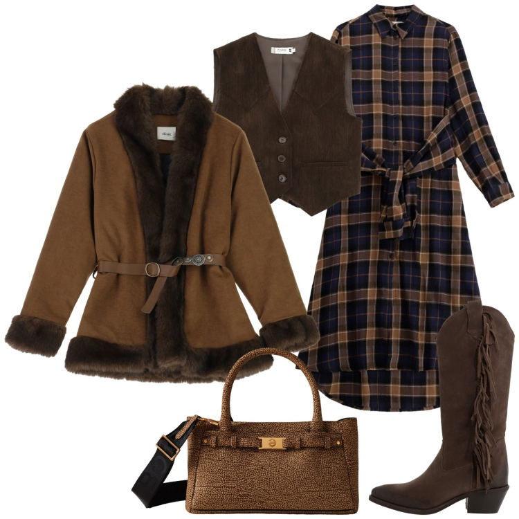 Outfit donna - Total look #2272403. Stile Chic per Tutti i giorni. Abbinamento con gilet, borse a mano, vestiti midi/longuette, stivali, cinture.