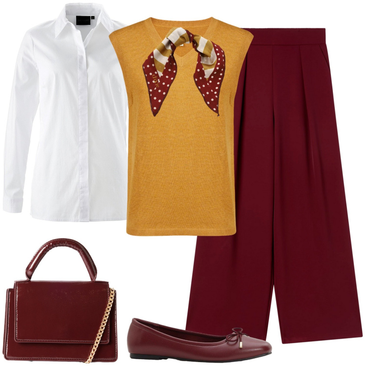 Outfit donna - Senape casual chic. Stile Casual chic per Ufficio. Abbinamento con camicie, ballerine, borse a tracolla, pantaloni, foulard, maglieria.