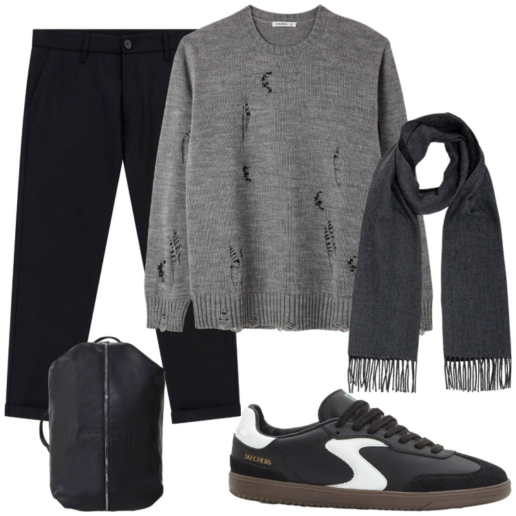 Outfit uomo - Accessori. Stile Urban per Tutti i giorni. Abbinamento con sneakers, maglieria, pantaloni, borse sportive, sciarpe.