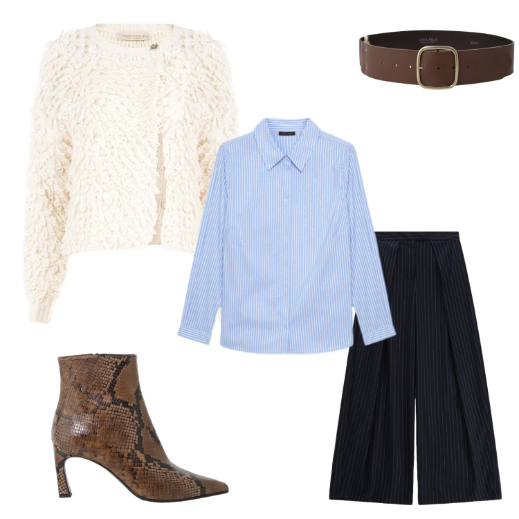 Outfit donna - Metti un cardigan. Stile Casual chic per Tutti i giorni. look ideale per Tall. Abbinamento con cardigans, cinture, stivaletti, pantaloni a palazzo, camicie.