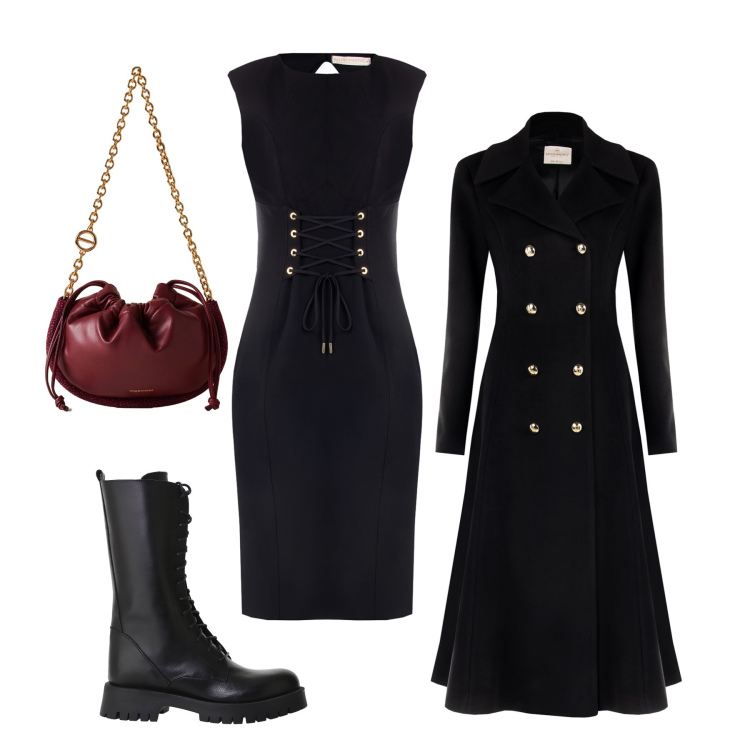 Outfit donna - Elegante con gli stivali rock. Stile Chic per Serata fuori. Abbinamento con cappotti, vestiti midi/longuette, stivali, borse a spalla.
