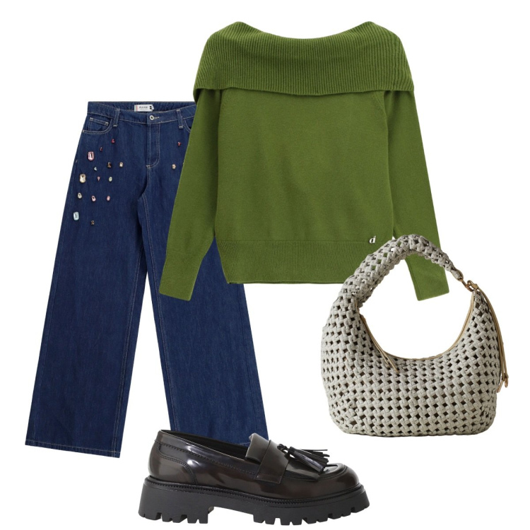 Outfit donna - La borsa nido. Stile Basic per Tutti i giorni. Abbinamento con jeans, mocassini, maglieria, borse a spalla.