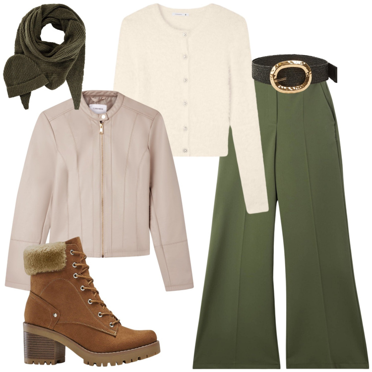 Outfit donna - Ritorno alla natura. Stile Casual per Tutti i giorni. Abbinamento con sciarpe, stivaletti, pantaloni, giacche, cinture, cardigans.