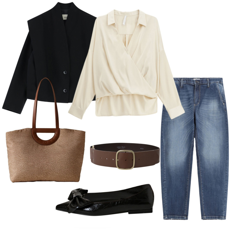 Outfit donna - Casual chic ufficio. Stile Casual chic per Ufficio. Abbinamento con ballerine, jeans, camicie, blazer, cinture, shopping bag.