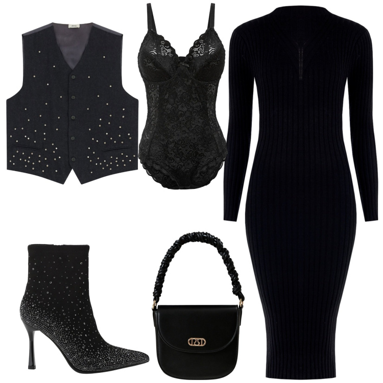 Outfit donna - Total look #2272419. Stile Sexy per Serata fuori. Abbinamento con body, vestiti a tubino, borse a mano, stivaletti, gilet.