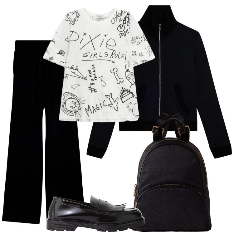 Outfit donna - Università. Stile Basic per Scuola/Università. Abbinamento con mocassini, t-shirt, zaini, pantaloni, felpe.