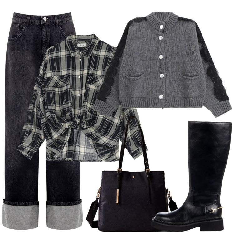 Outfit donna - Serata fuori. Stile Basic per Serata fuori. Abbinamento con shopping bag, jeans, stivali sopra il ginocchio, cardigans, camicie.
