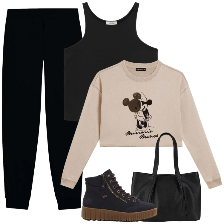 Outfit donna - Pomeriggio con le amiche. Stile Basic per Tutti i giorni. Abbinamento con shopping bag, sneakers alte, top, pantaloni, felpe.