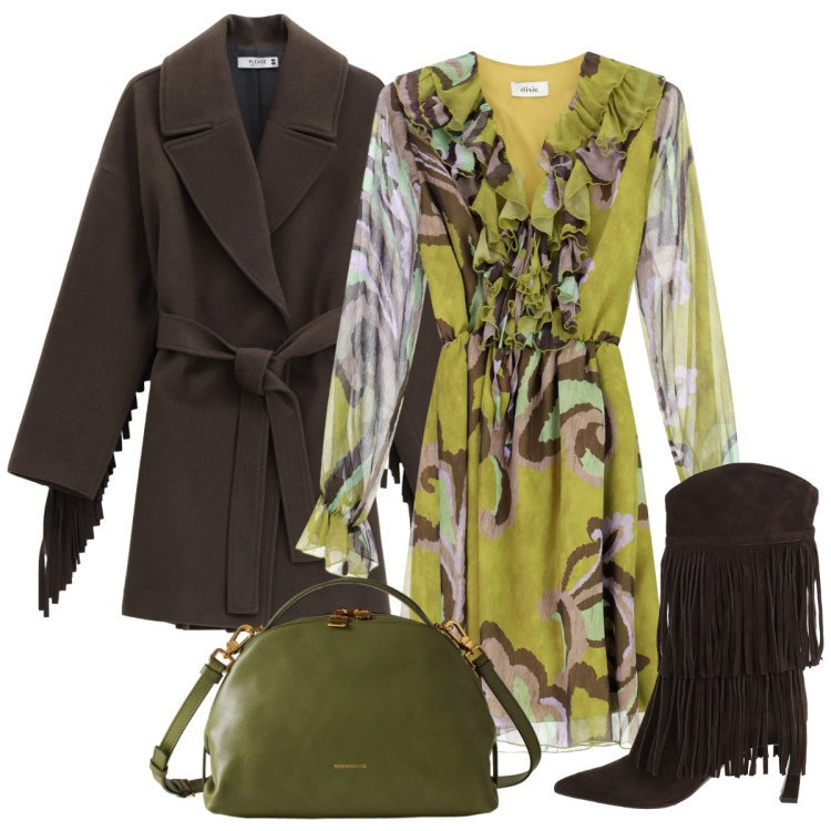 Outfit donna - Aperitivo serale. Stile Basic per Serata fuori. Abbinamento con cappotti, vestiti, stivali, borse a mano.