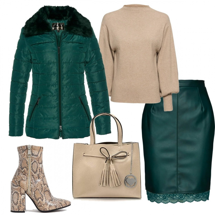 Outfit donna - Verde e nude. Stile Chic per Ufficio. Abbinamento con maglieria, maglieria, gonna con pizzo in pelle sintetica con spacco verde, stivaletti con tacco largo, borsa a mano beige e grigio.