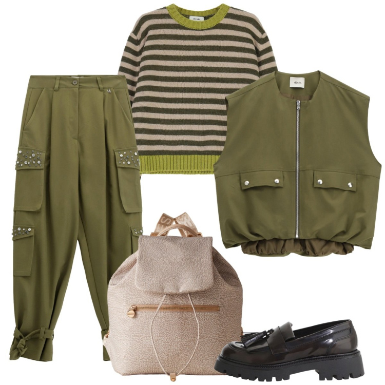 Outfit donna - Il completo verde. Stile Basic per Tutti i giorni. Abbinamento con pantaloni cargo, maglieria, mocassini, gilet, zaini.