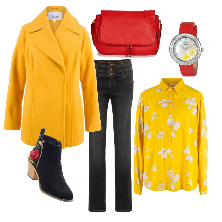Outfit donna - Inverno in giallo. Stile Urban per Tutti i giorni. Abbinamento con stivaletti, tunica fantasia a maniche lunghe giallo, giacca giallo, jeans elasticizzato aderente nero, borsa a tracolla rosso, orologio analogico con fasce in raso argento e rosso.