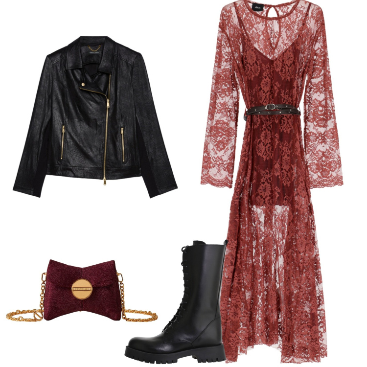 Outfit donna - Total look #2272554. Stile Rock per Serata fuori. Abbinamento con stivali, vestiti lunghi, borse a tracolla, giacche.