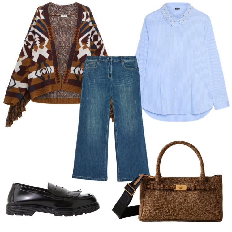 Outfit donna - Shopping. Stile Glamour per Tutti i giorni. Abbinamento con mocassini, cardigans, borse a mano, camicie, jeans dritti.