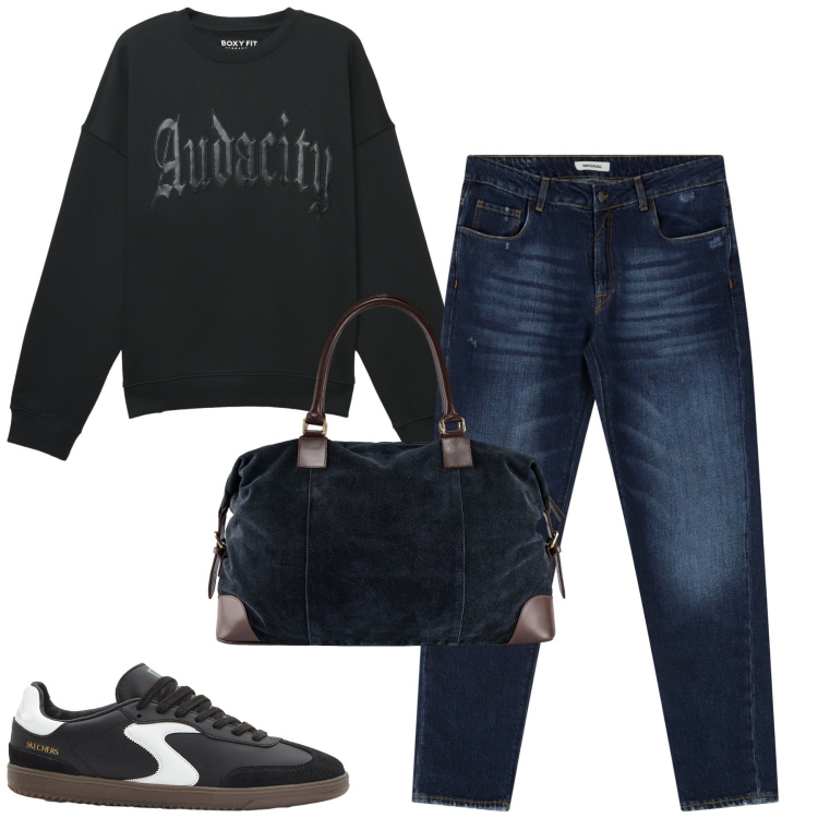 Outfit uomo - Ottobre. Stile Casual per Tutti i giorni. Abbinamento con sneakers, felpe, jeans dritti, borse sportive.