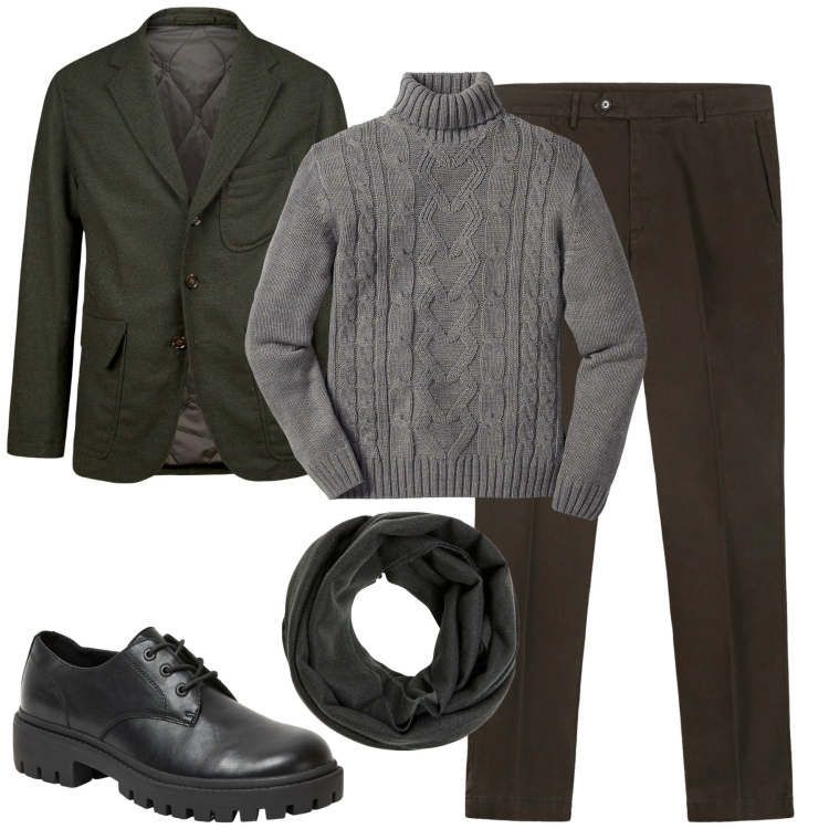Outfit uomo - Ottobre. Stile Urban per Tutti i giorni. Abbinamento con maglieria, sciarpe, scarpe stringate, giacche, pantaloni chino.