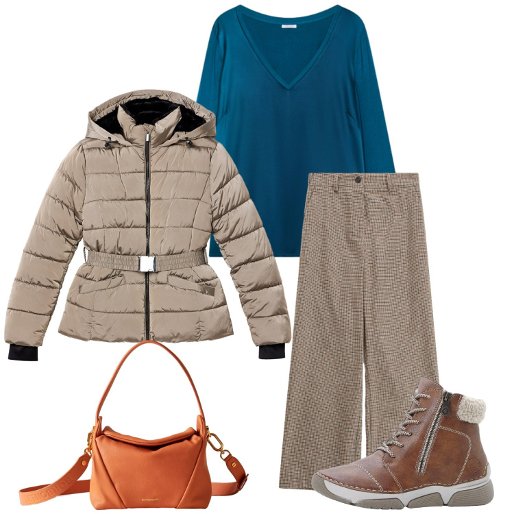 Outfit donna - Total look #2272574. Stile Casual chic per Tutti i giorni. Abbinamento con stivaletti, piumini, pantaloni a palazzo, borse a spalla, bluse.