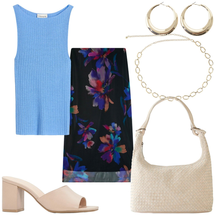 Outfit donna - Gonna lunga a fiori in tulle e top. Stile Casual chic per Tutti i giorni. Abbinamento con shopping bag, sandali col tacco, top, gonne lunghe, collane, orecchini.